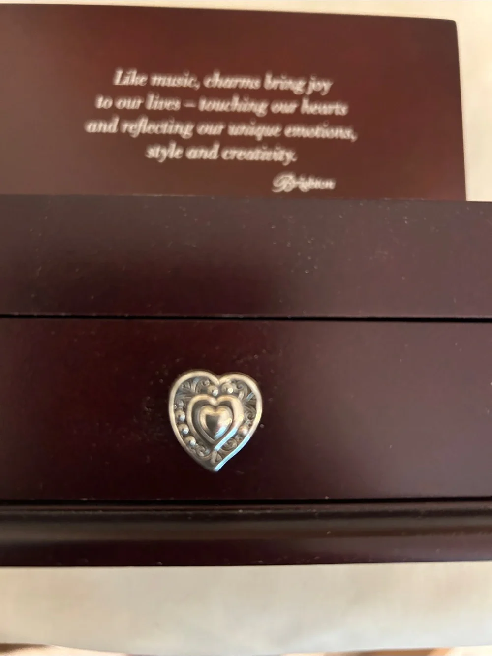 Brighton Wooden Jewelry Box with Heart Pull - Dark Cherry